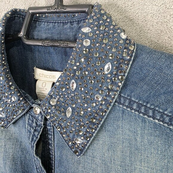 Womens Chicos Rhinestone Embellished Collar Denim Shirt Button Up Cotton Size 0 - Picture 2 of 8